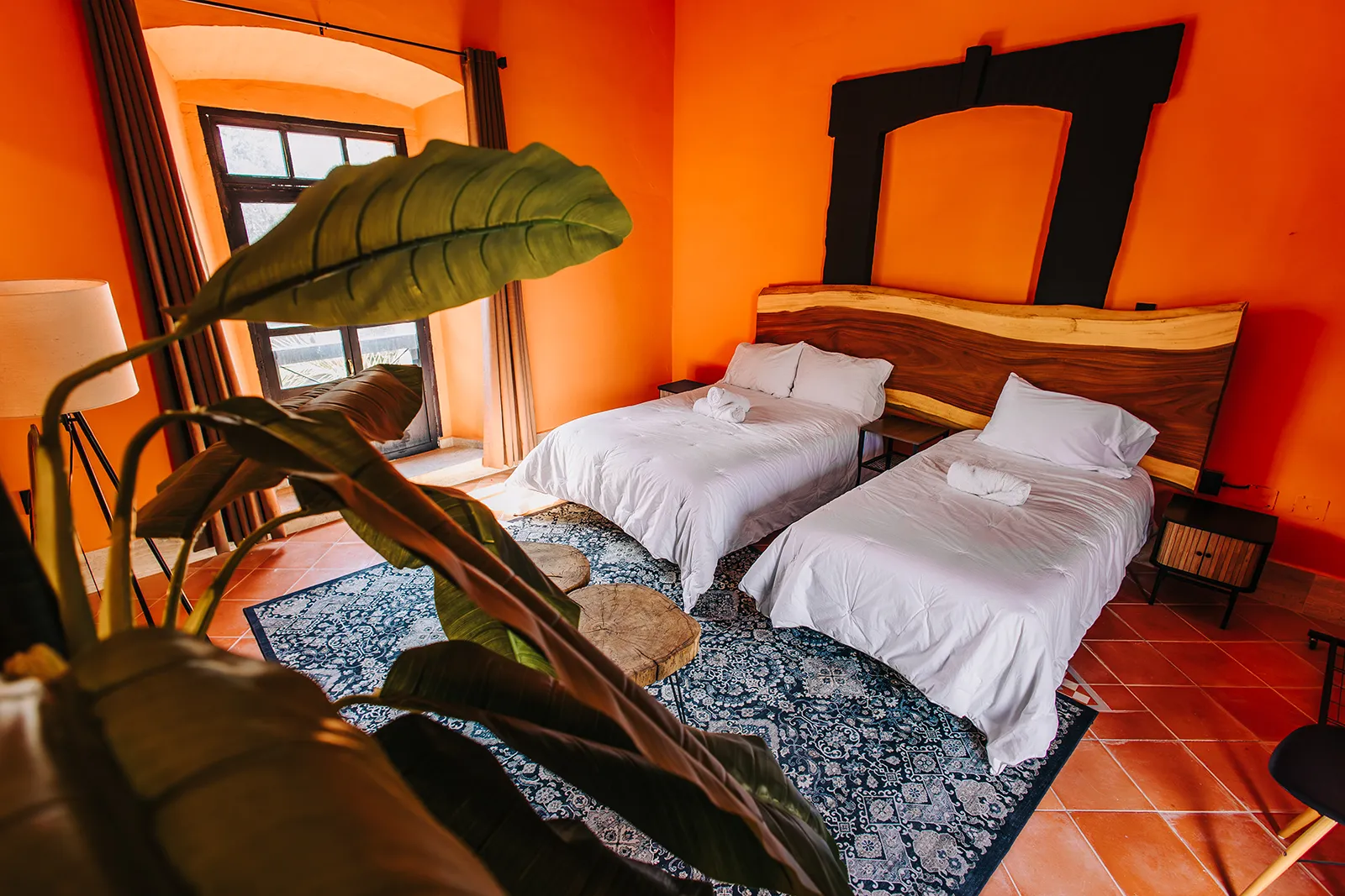 Vista interior de habitación 8 Casa Grande Rio - Hotel Boutique en Rioverde, SLP, con una cama individual y una matrimonial, cabecera de madera natural, planta de hojas grandes en primer plano y ventanal con luz natural.