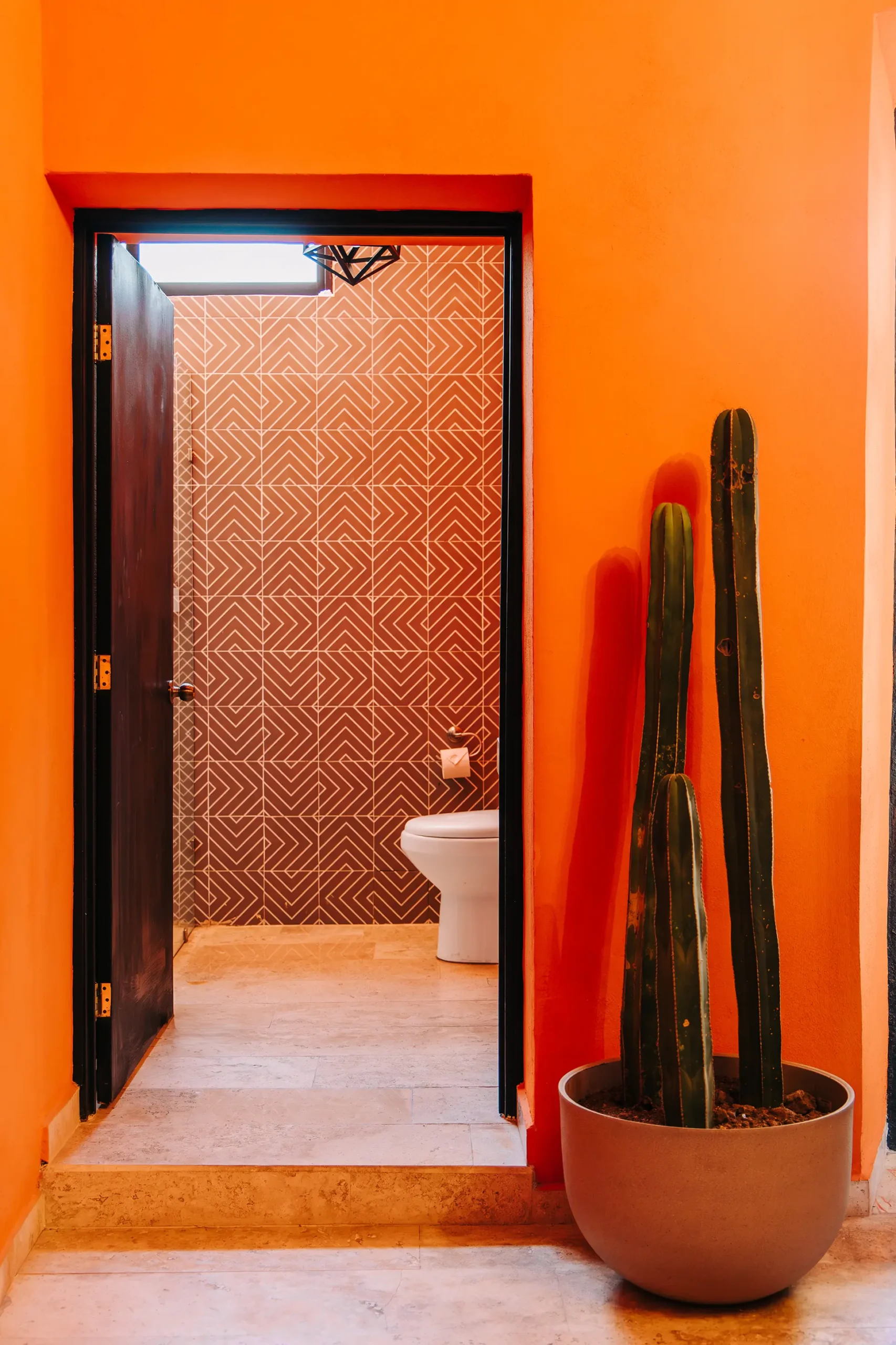 Entrada rústica a baño privado en hotel de Rioverde, SLP, con paredes naranja vibrante, puerta de madera oscura, cactus alto en maceta gris y azulejos con patrón geométrico en el interior.